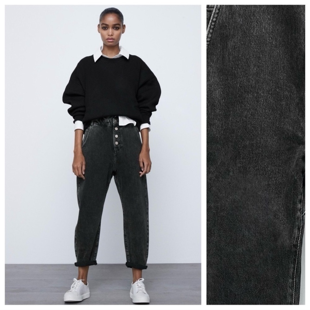 Zara Button Fly High Rise Elastic Waist Paperbag Black Baggy Jeans Womens Sz 0